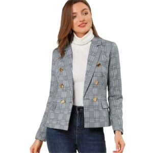 Allegra K Women's Plaid Blazer with Gold Buttons